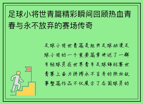 足球小将世青篇精彩瞬间回顾热血青春与永不放弃的赛场传奇