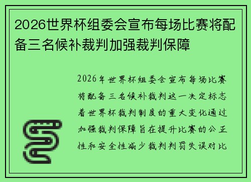 2026世界杯组委会宣布每场比赛将配备三名候补裁判加强裁判保障 2026世界杯组委会宣布每场比赛将配备三名候补裁判加强裁判保障