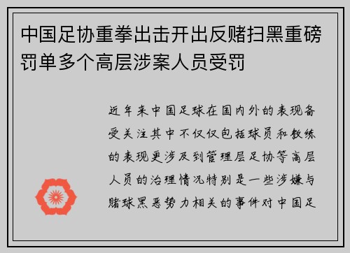 中国足协重拳出击开出反赌扫黑重磅罚单多个高层涉案人员受罚